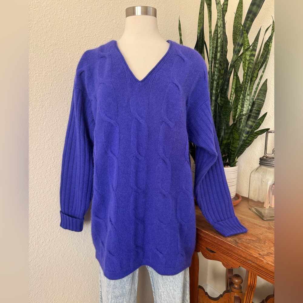 Vintage Lambswool‎ Angora Cable Knit Sweater Purple V-Neck Large 90s